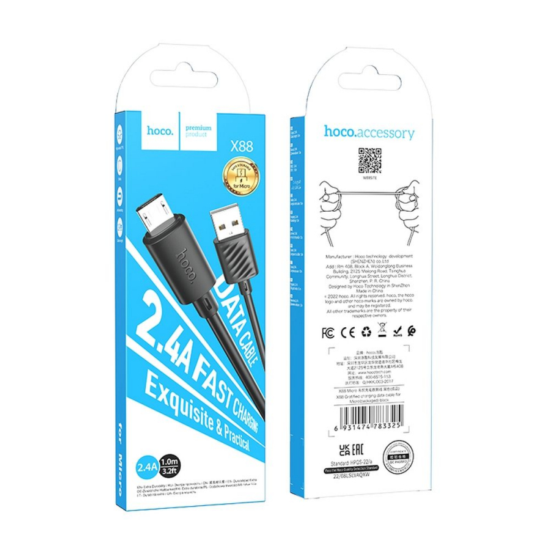 CAVO USB-A to microUSB Cable Hoco X88 18W 2.4A 1m  NERO IN BLISTER