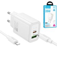 CARICABATTERIE Wall Charger Hoco N61 20W 3A 1 x USB-A - 1 x USB-C with Lightning Cable White in Blister