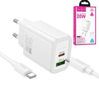 CARICABATTEIRE Wall Charger Hoco N61 20W 3A 1 x USB-A - 1 x USB-C with USB-C Cable White In Blister