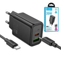 CARICABATTEIRE Wall Charger Hoco N61 20W 3A 1 x USB-A - 1 x USB-C with USB-C Cable Black in Blister